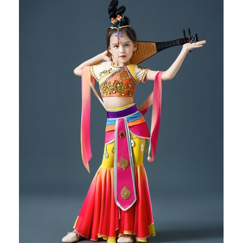 Children Chinese fairy hanfu Dunhuang Feitianle dance costume China traditional elegant kids classical dance rebound pipa solo dance Hanfu for girl